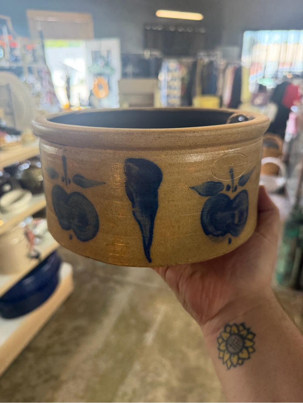 Vintage Blue and Tan Floral Stoneware Crock
